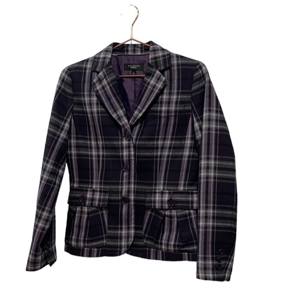 Talbots purple and black plaid wool blazer.